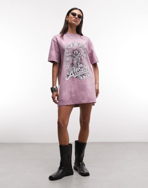 AllSaints - Avalon - T-shirt jurk met korte mouwen, grafisch logo en print in tie-dye roze - view 1