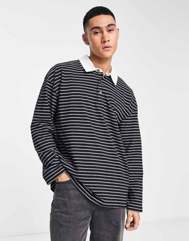 AllSaints - ave long sleeve polo shirt in black stripe