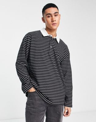 AllSaints Ave long sleeve polo shirt in black stripe