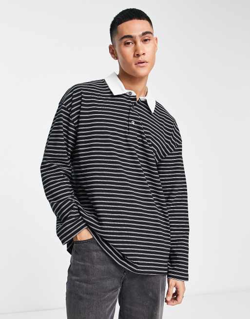 AllSaints Ave long sleeve polo shirt in black stripe | ASOS