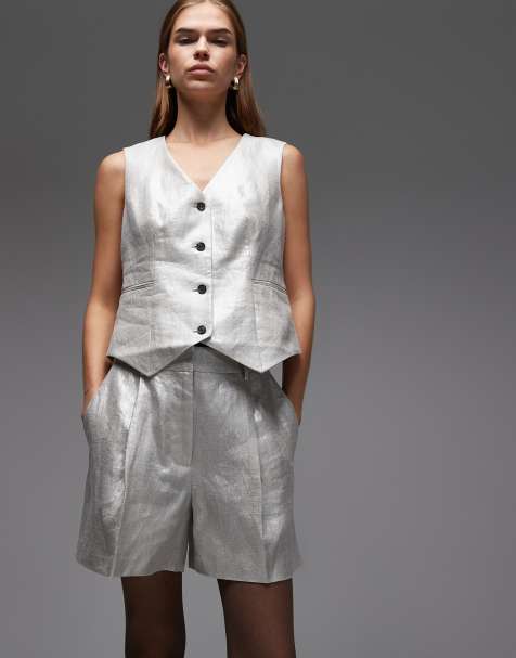Allsaints Averie metallic tailored shorts in silver grey - GREY