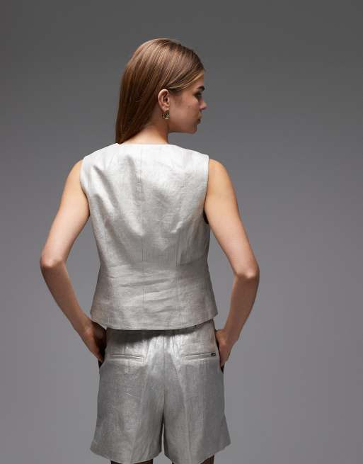 Allsaints Averie metallic tailored waistcoat in silver grey - GREY, 3 of 4