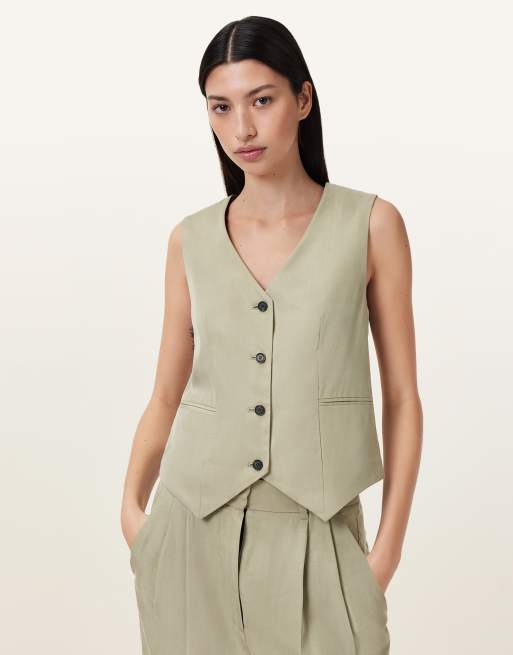 AllSaints – Averie – Tencel-Weste in Salbeigrün