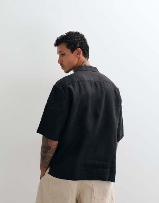 AllSaints - Avia - Camicia a maniche corte in lino nera con ricamo di rondine, 4 di 5