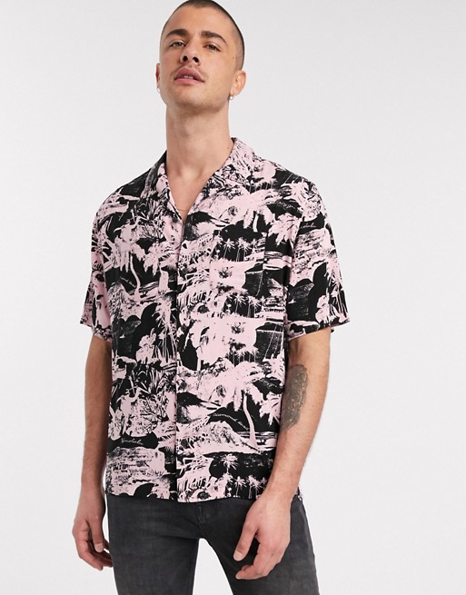 AllSaints Awa short sleeve tropical print shirt in black and pink