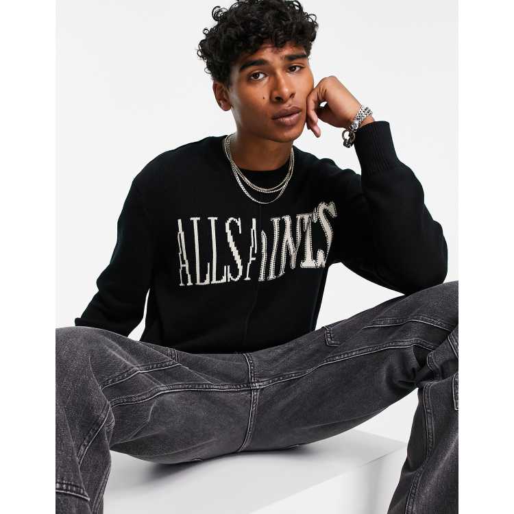 AllSaints Axis spliced logo jumper in black | ASOS