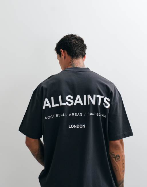 AllSaints Backstage grafisk logga t-shirt med ryggtryck i mörkgrå