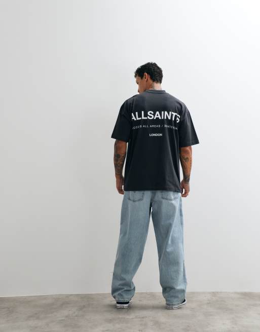AllSaints Backstage graphic logo t-shirt with back print in dark grey, 4 of 5