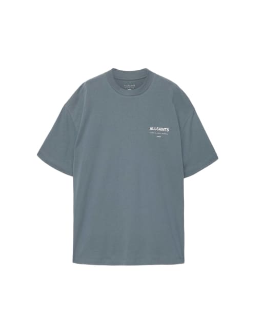 AllSaints – Backstage – Kurzärmliges T-Shirt in Mondblau mit Rundhalsausschnitt