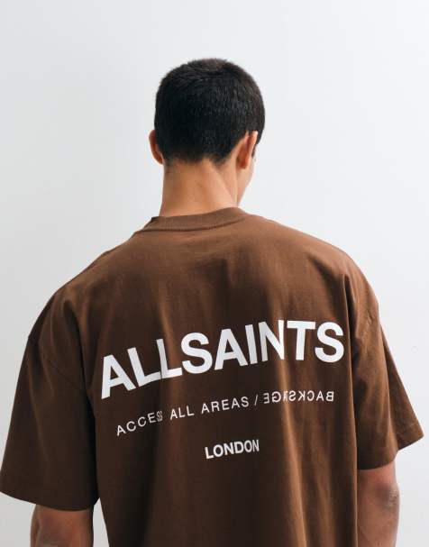 AllSaints Backstage short sleeve graphic logo t-shirt with back print in brown - view 1