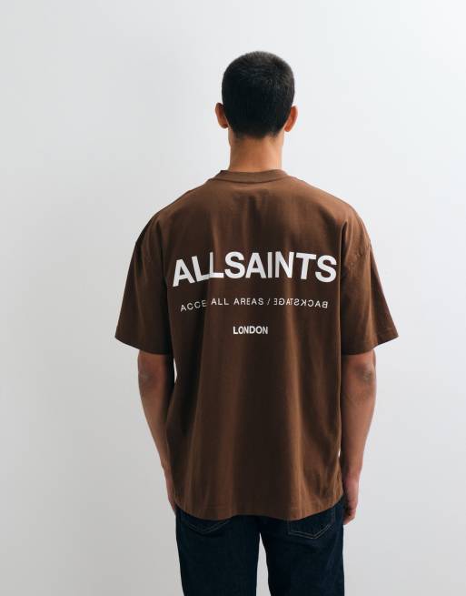 AllSaints Backstage short sleeve graphic logo t-shirt with back print in brown, 3 of 5