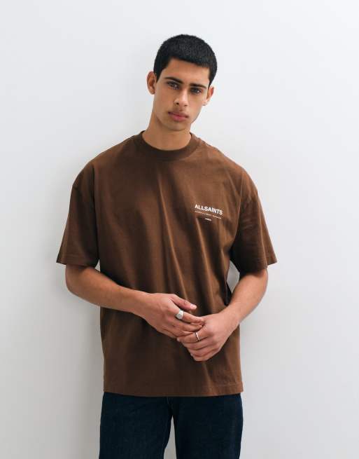 AllSaints Backstage short sleeve graphic logo t-shirt with back print in brown, 4 of 5