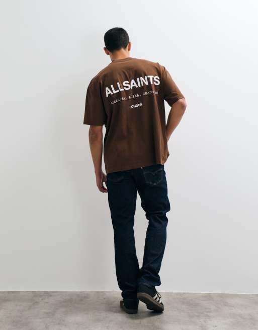 AllSaints Backstage short sleeve graphic logo t-shirt with back print in brown, 5 of 5
