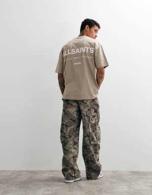AllSaints Backstage short sleeve graphic logo t-shirt with back print in stone