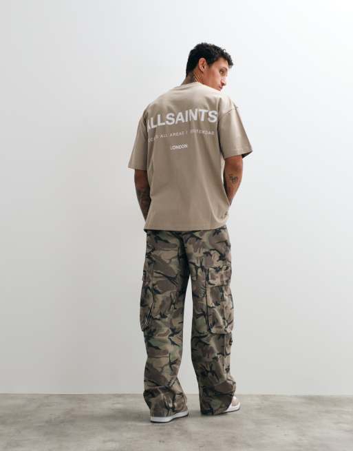 AllSaints Backstage short sleeve graphic logo t-shirt with back print in stone