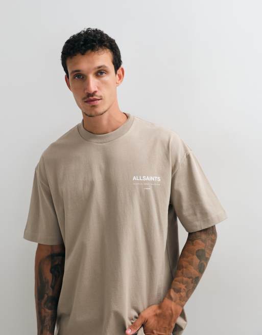 AllSaints Backstage short sleeve graphic logo t-shirt with back print in stone, 2 of 5