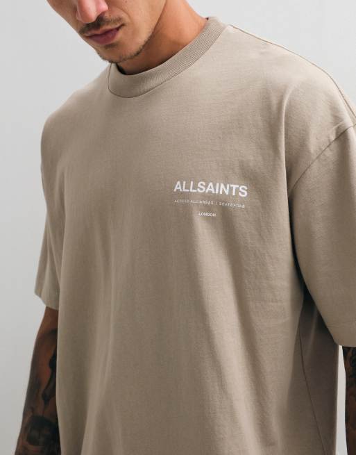AllSaints Backstage short sleeve graphic logo t-shirt with back print in stone, 3 of 5