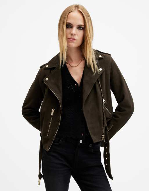 AllSaints - Balfern - Blouson style motard en daim - Vert tarmac