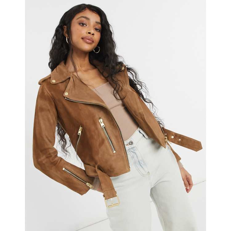 Camel suede biker clearance jacket