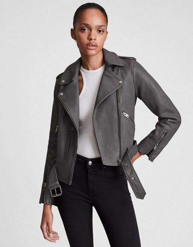 AllSaints Balfern leather moto jacket in gray