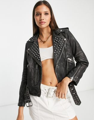AllSaints Balfern studded leather biker jacket in worn black