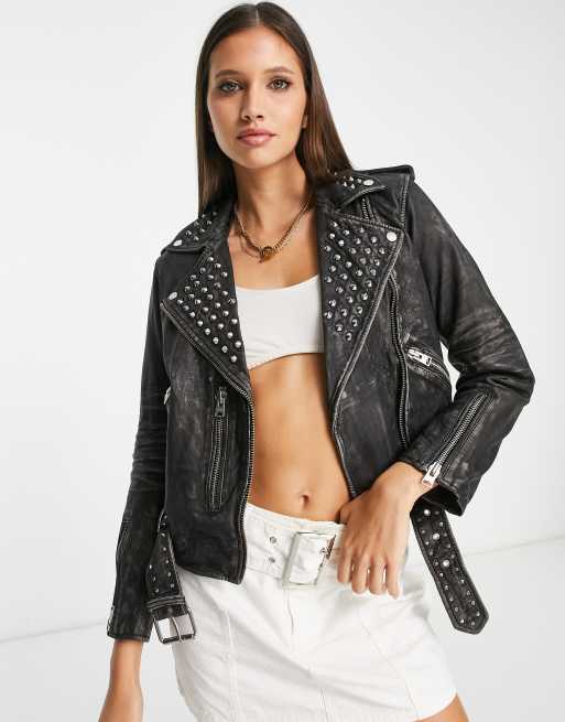 AllSaints Balfern studded leather biker jacket in worn black | ASOS