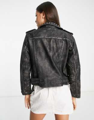 AllSaints Balfern studded leather biker jacket in worn black