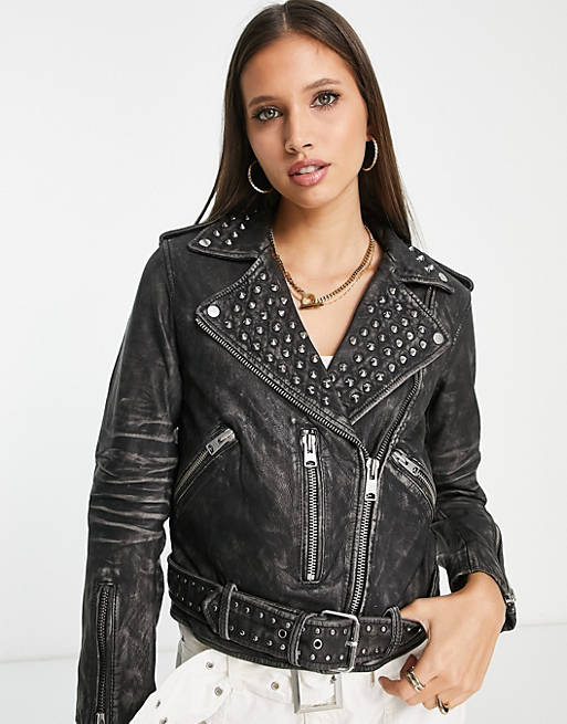 AllSaints Balfern studded leather biker jacket in worn black | ASOS