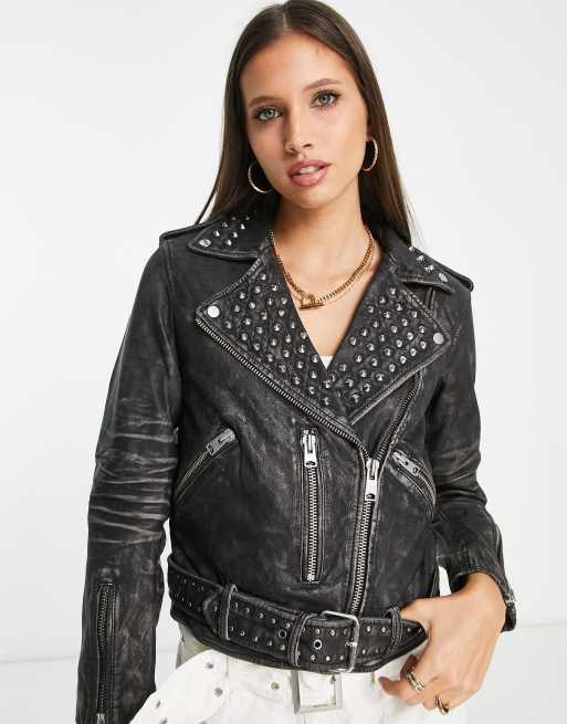 AllSaints Balfern studded leather biker jacket in worn black ASOS