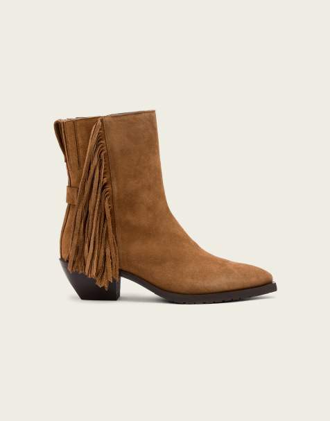 AllSaints – Bazely – Ljusbruna ankelboots i mocka med fransar - view 1