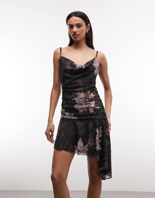 AllSaints – Bea – Ärmelloses, asymmetrisches Minikleid in Schwarz mit Blumenmuster und Wasserfallausschnitt, 2 von 4