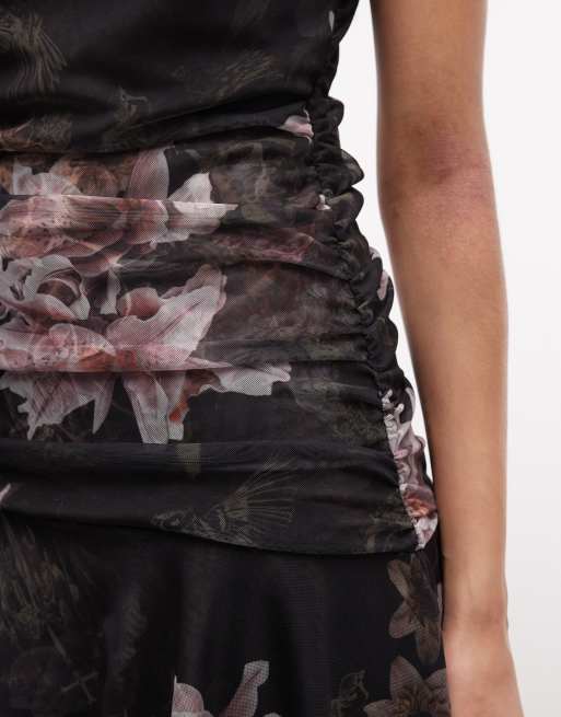 AllSaints Bea sleevless cowl neck asymmetric floral mini dress in black, 4 of 4