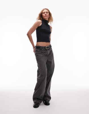 AllSaints Bec roll neck tank top in black oyster blue