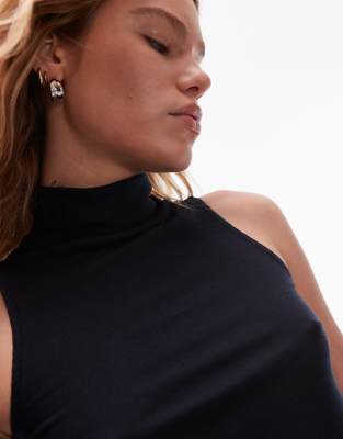 AllSaints Bec roll neck tank top in black oyster blue