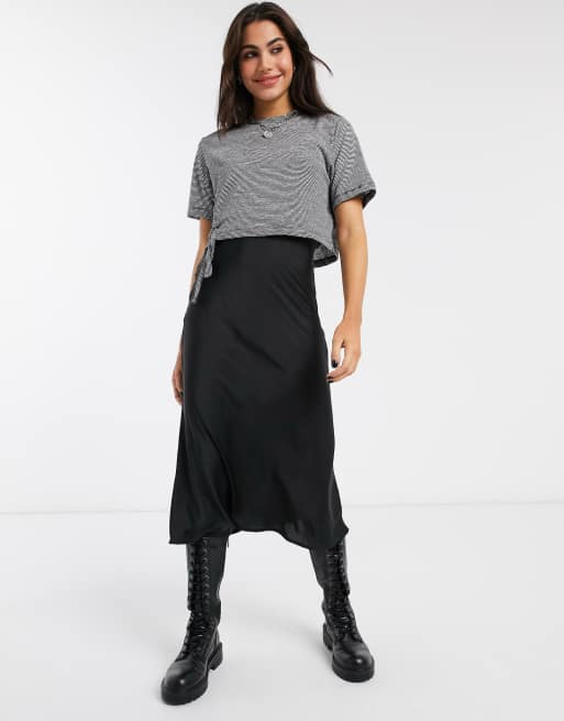 AllSaints benno lin stripe t-shirt 2 in 1 slip midi dress in black and ...