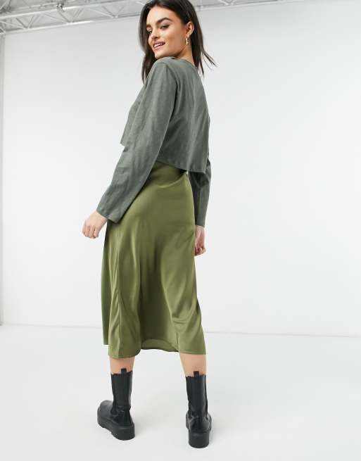 AllSaints Beno long sleeve 2in1 slip satin dress in olive green ASOS