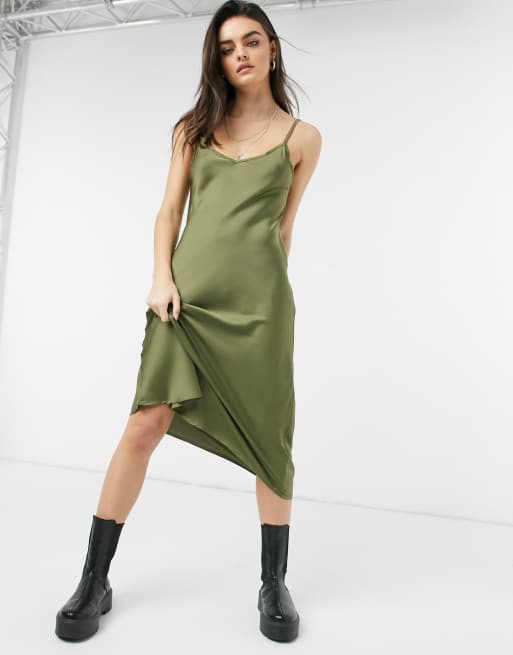 Olive green silk deals slip dress