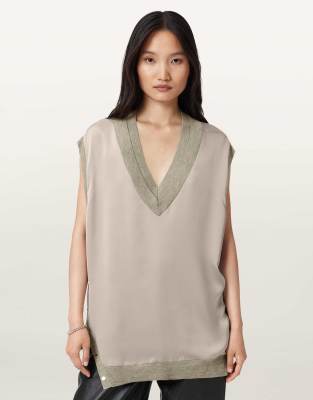 AllSaints - Bern - Mit Nieten besetztes Tanktop in Taupe-Grau