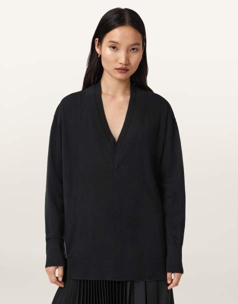 AllSaints – Bern – Sweatshirt in Schwarz mit V-Ausschnitt - view 1