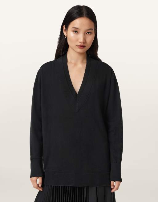 AllSaints – Bern – Sweatshirt in Schwarz mit V-Ausschnitt