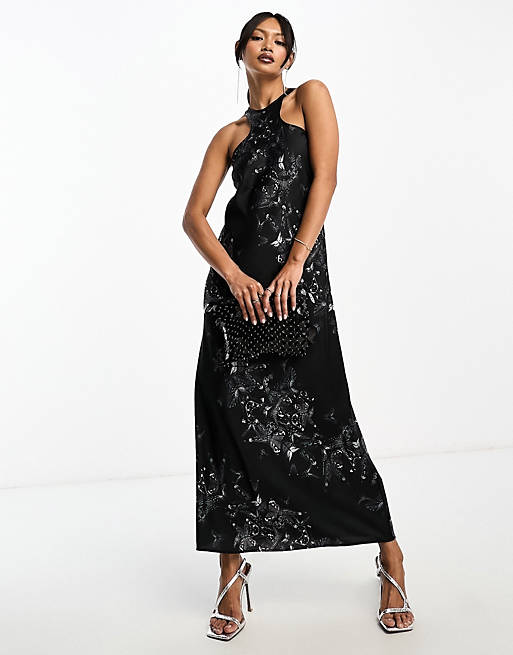 AllSaints Betina Diana printed halter maxi dress in black | ASOS