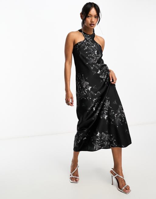 AllSaints Betina Diana printed halter maxi dress in black