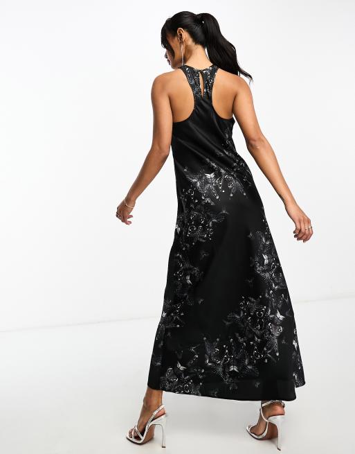 AllSaints – Betina Diana – Svart mönstrad maxiklänning med halterneck, 3 av 4
