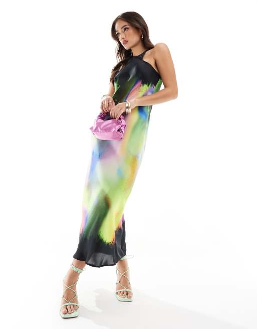 AllSaints - Betina Orbital - Vestito midi in raso nero/arcobaleno con scollo a vogatore