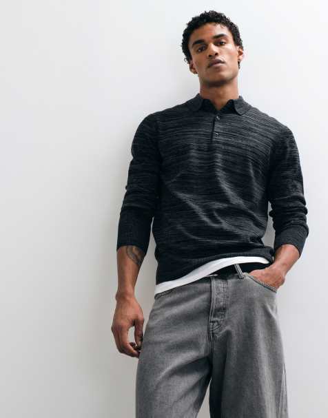 AllSaints Beton long sleeve merino wool knitted polo in black/grey - view 1