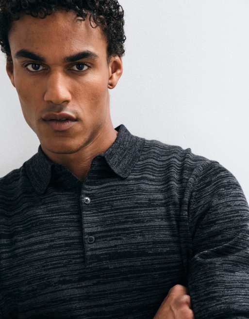 AllSaints Beton long sleeve merino wool knitted polo in black/grey, 2 of 5