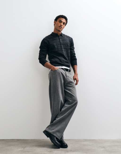 AllSaints Beton long sleeve merino wool knitted polo in black/grey, 3 of 5