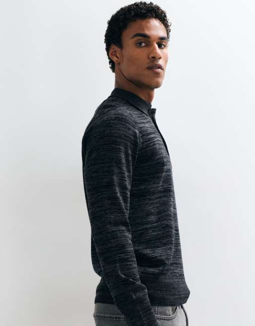 AllSaints Beton long sleeve merino wool knitted polo in black/grey, 4 of 5