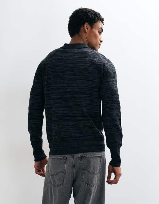 AllSaints Beton long sleeve merino wool knitted polo in black/grey, 5 of 5