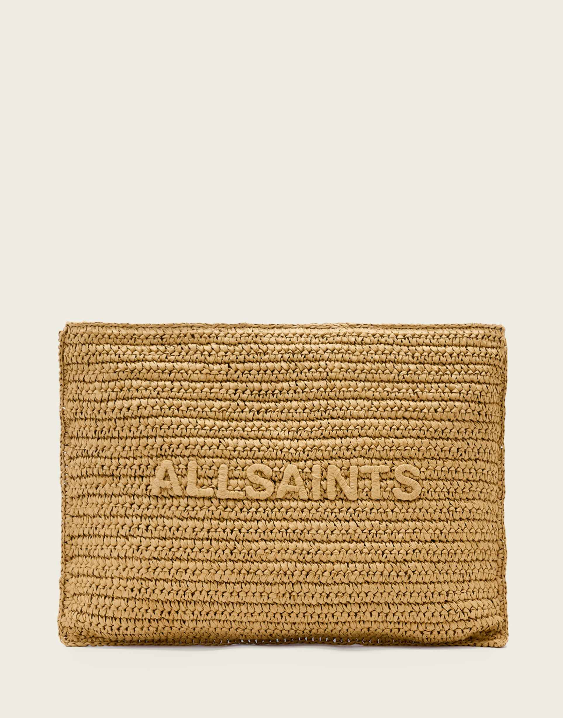 allsaints bettina large woven paper clutch bag in brown